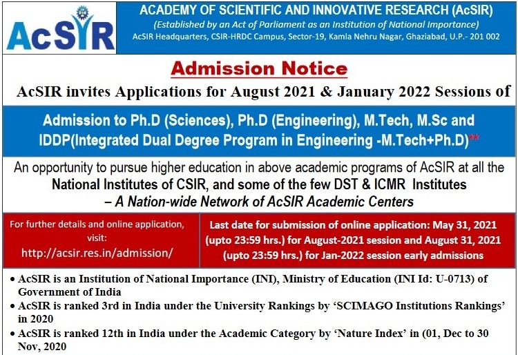 ACSIR Ph.D Admission 2021-2022